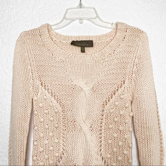 Charlotte Tarantola pompon Pink Wool Blend cable Open Knit Sweater Size XS - Picture 2 of 10